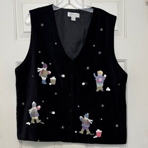 CJ Banks Black Vintage 2003 Button Up Velvet Vest Christmas Snowball SIZE 14W